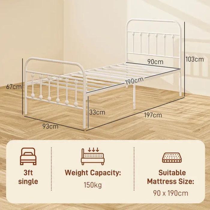Single Metal Bed Frame – White 90x190cm | Steel Structure HOMCOM - Little and Giant Explorers HOMCOM