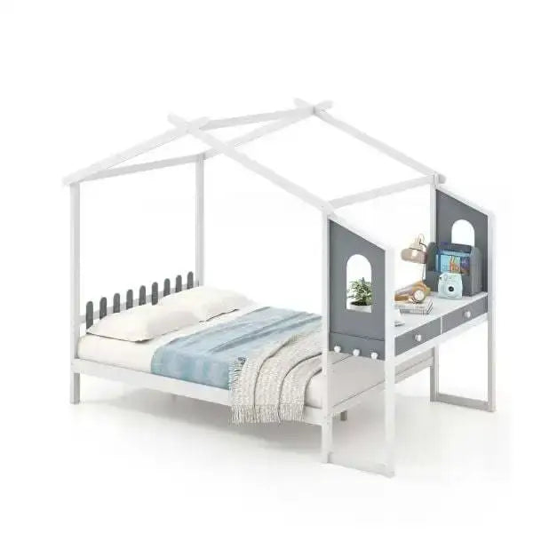 Single Montessori House Bed - White and Grey | Desk, Drawers and Storage COSTWAY - Little and Giant Explorers Costway