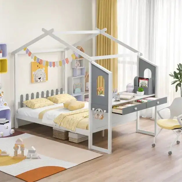 Single Montessori House Bed - White and Grey | Desk, Drawers and Storage COSTWAY - Little and Giant Explorers Costway