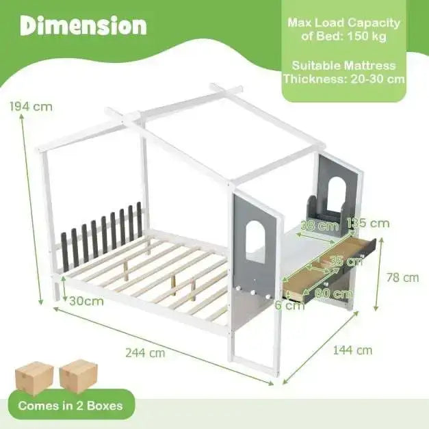 Single Montessori House Bed - White and Grey | Desk, Drawers and Storage COSTWAY - Little and Giant Explorers Costway