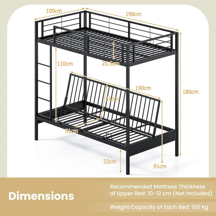 Single Over Futon Bunk Bed – Black | Metal Frame with Convertible Sofa Bed and Ladder COSTWAY - Little and Giant Explorers Costway