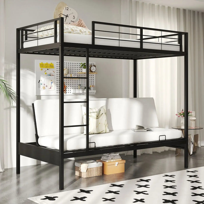 Single Over Futon Bunk Bed – Black | Metal Frame with Convertible Sofa Bed and Ladder COSTWAY - Little and Giant Explorers Costway