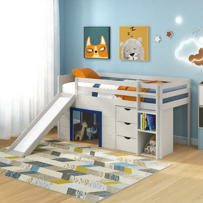 Single Pine Wood Loft Bed with Slide, Ladder and Den in Blue - Little and Giant Explorers Costway