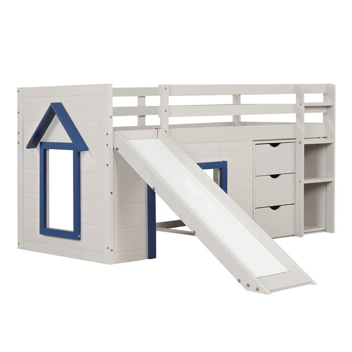 Single Pine Wood Loft Bed with Slide, Ladder and Den in Blue - Little and Giant Explorers Costway