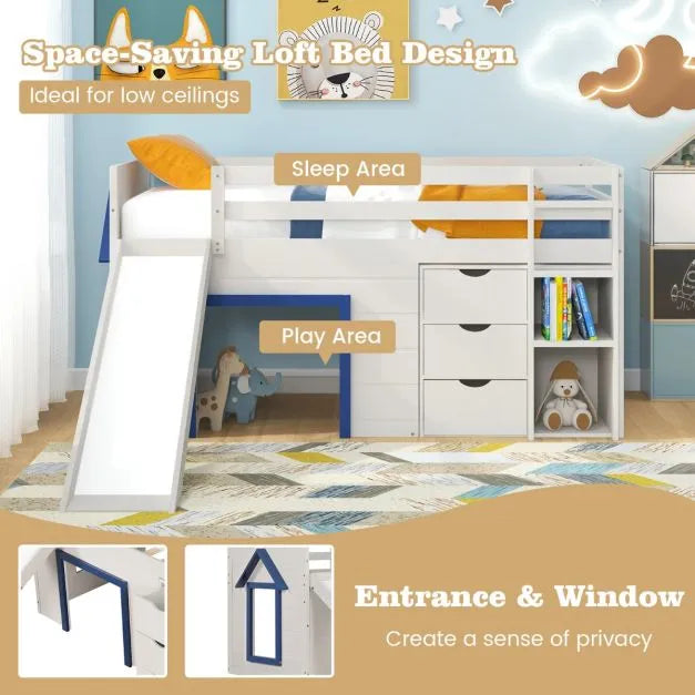 Single Pine Wood Loft Bed with Slide, Ladder and Den in Blue - Little and Giant Explorers Costway