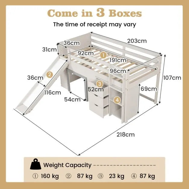 Single Pine Wood Loft Bed with Slide, Ladder and Den in Grey - Little and Giant Explorers Costway