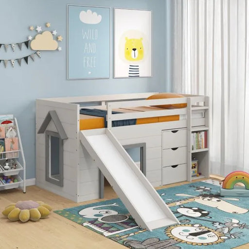 Single Pine Wood Loft Bed with Slide, Ladder and Den in Grey - Little and Giant Explorers Costway