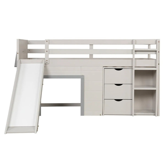 Single Pine Wood Loft Bed with Slide, Ladder and Den in Grey - Little and Giant Explorers Costway