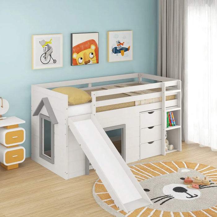 Single Pine Wood Loft Bed with Slide, Ladder and Den in Grey - Little and Giant Explorers Costway