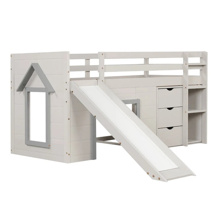 Single Pine Wood Loft Bed with Slide, Ladder and Den in Grey - Little and Giant Explorers Costway