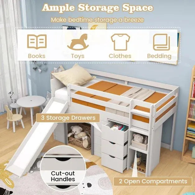 Single Pine Wood Loft Bed with Slide, Ladder and Den in Grey - Little and Giant Explorers Costway