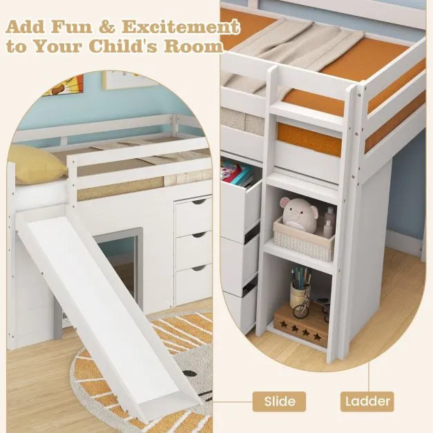 Single Pine Wood Loft Bed with Slide, Ladder and Den in Grey - Little and Giant Explorers Costway