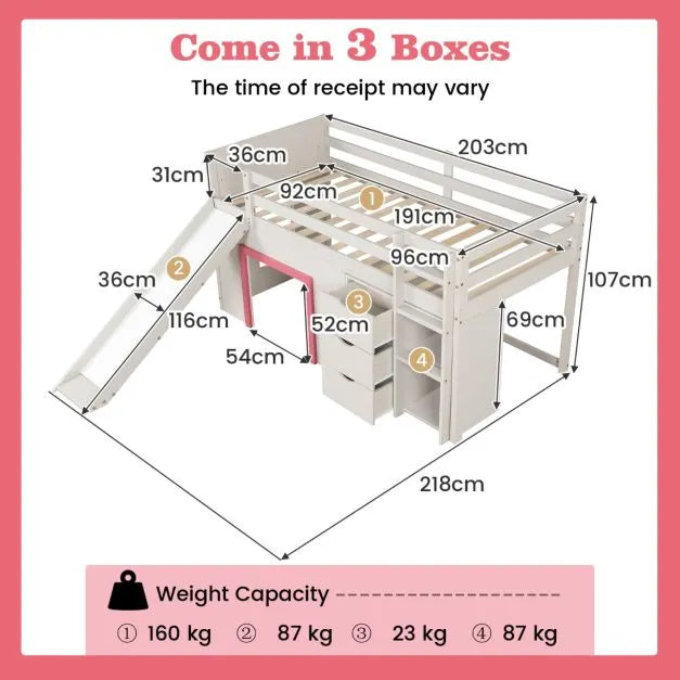 Single Pine Wood Loft Bed with Slide, Ladder and Den in Pink - Little and Giant Explorers Costway