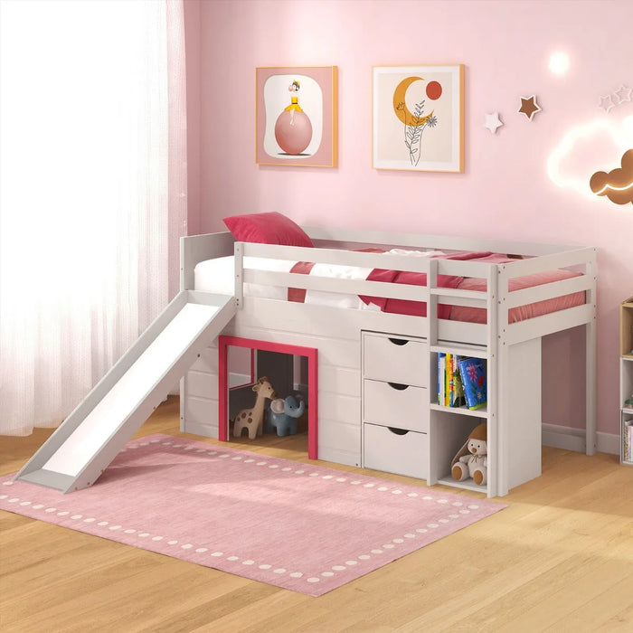 Single Pine Wood Loft Bed with Slide, Ladder and Den in Pink - Little and Giant Explorers Costway