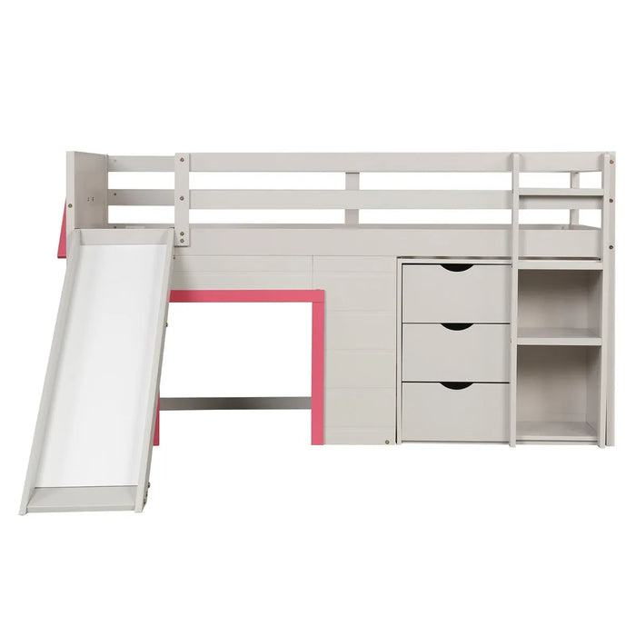 Single Pine Wood Loft Bed with Slide, Ladder and Den in Pink - Little and Giant Explorers Costway