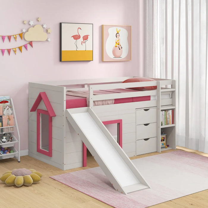 Single Pine Wood Loft Bed with Slide, Ladder and Den in Pink - Little and Giant Explorers Costway