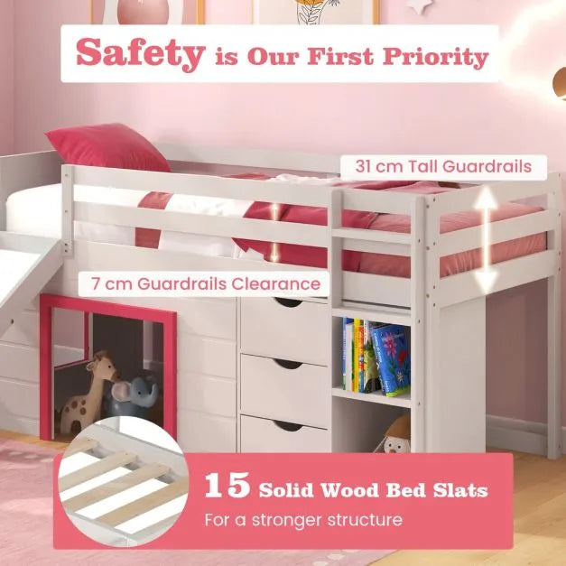 Single Pine Wood Loft Bed with Slide, Ladder and Den in Pink - Little and Giant Explorers Costway