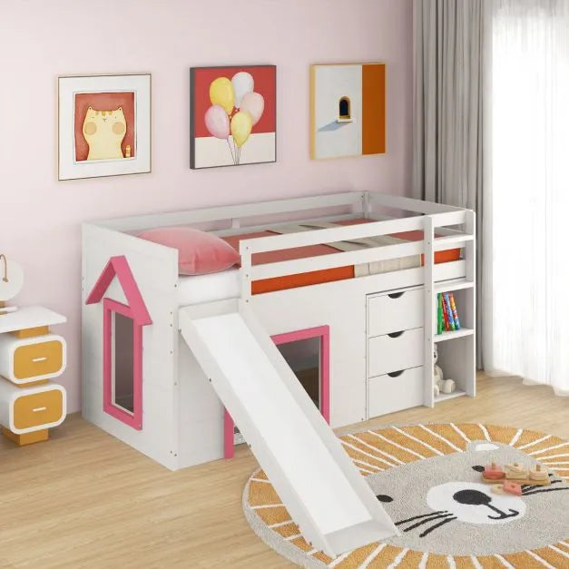 Single Pine Wood Loft Bed with Slide, Ladder and Den in Pink - Little and Giant Explorers Costway