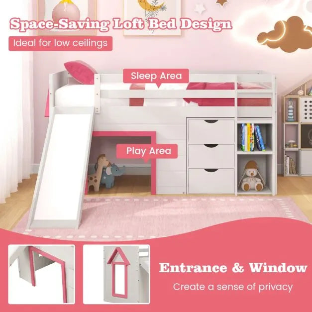 Single Pine Wood Loft Bed with Slide, Ladder and Den in Pink - Little and Giant Explorers Costway