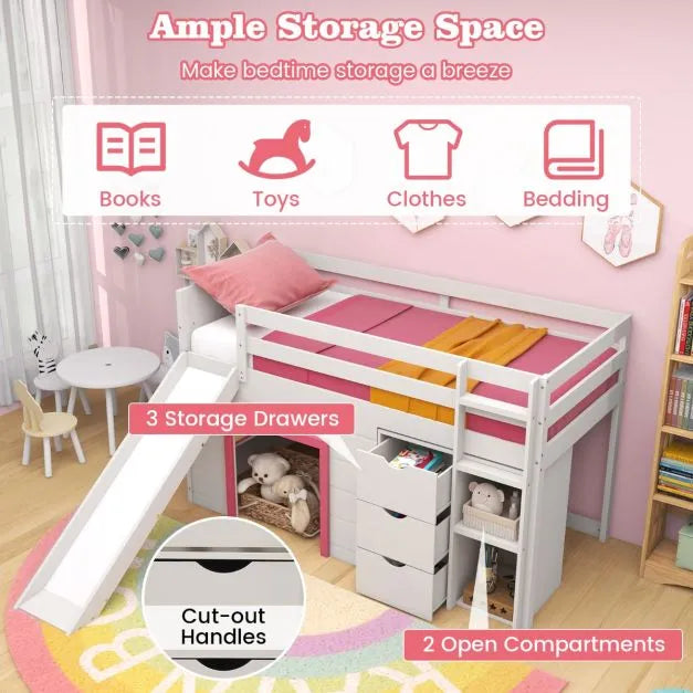 Single Pine Wood Loft Bed with Slide, Ladder and Den in Pink - Little and Giant Explorers Costway