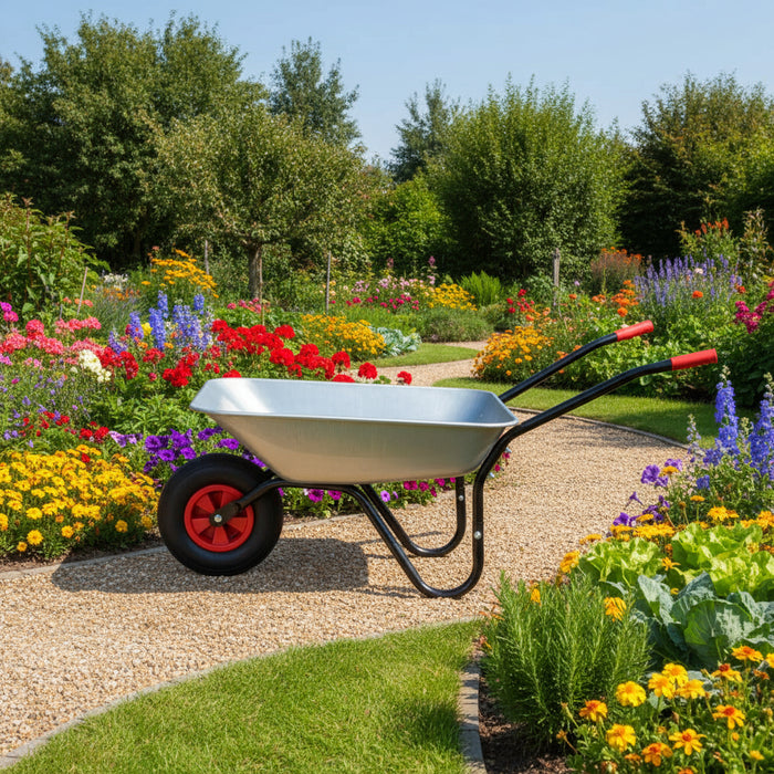 Galvanised steel wheelbarrow with a pneumatic tyre on a garden path among colorful flowers