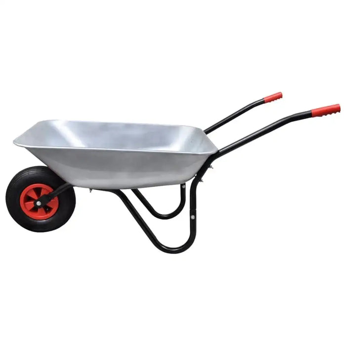 Galvanised steel wheelbarrow with single red wheel and black frame on white background