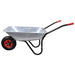 Galvanised steel wheelbarrow with single red wheel and black frame on white background
