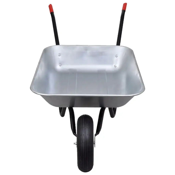 Single wheel galvanized steel wheelbarrow with pneumatic tyre, front view