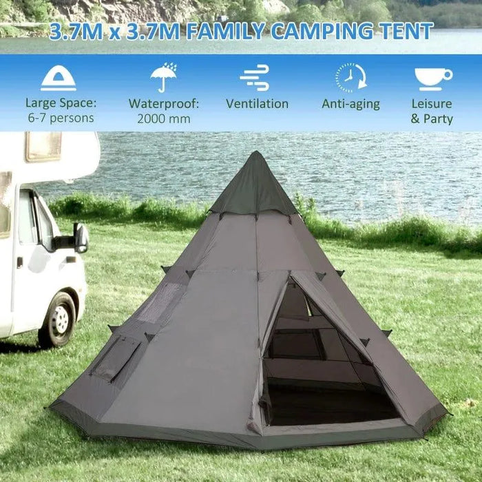 Large grey six-person tipi tent set up on grass by a lake with a camper van nearby
