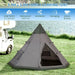Large grey six-person tipi tent set up on grass by a lake with a camper van nearby