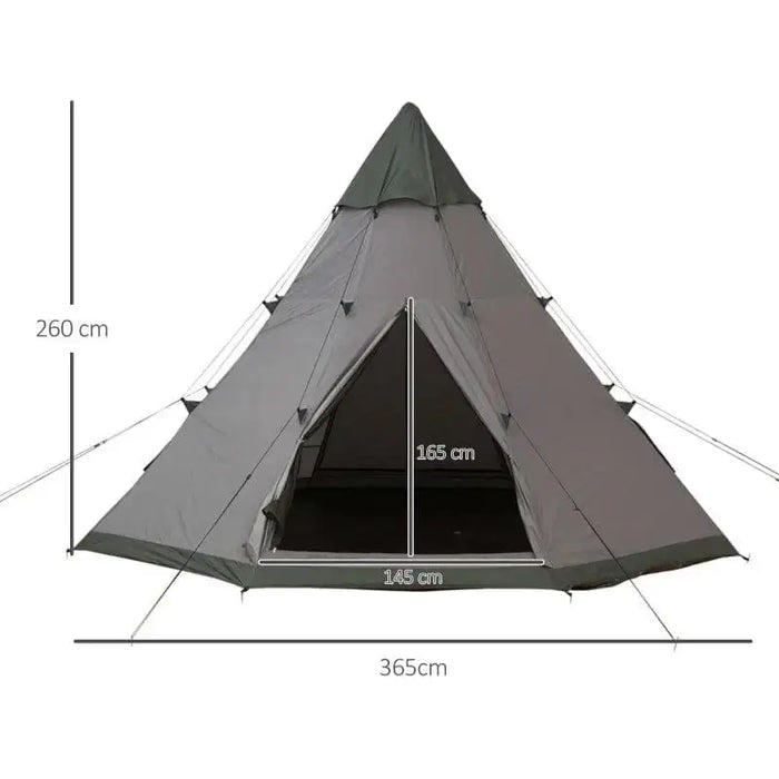 Large grey six-person tipi tent with dimensions for camping, front entrance shown
