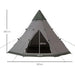 Large grey six-person tipi tent with dimensions for camping, front entrance shown