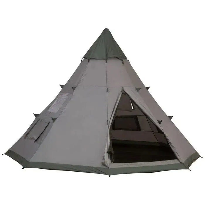Large grey six-person tipi tent with open door for camping, visible side windows and poles.