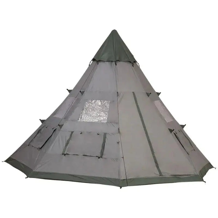 Large grey six-person tipi tent with windows and pre-attached poles for camping