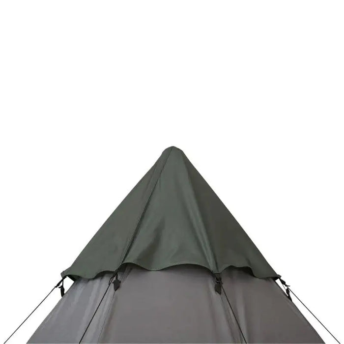 Top view of large grey six-person tipi tent with attached poles for camping