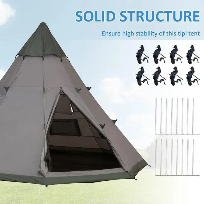 Large grey six-person tipi tent with open door, stakes, and guy lines for camping