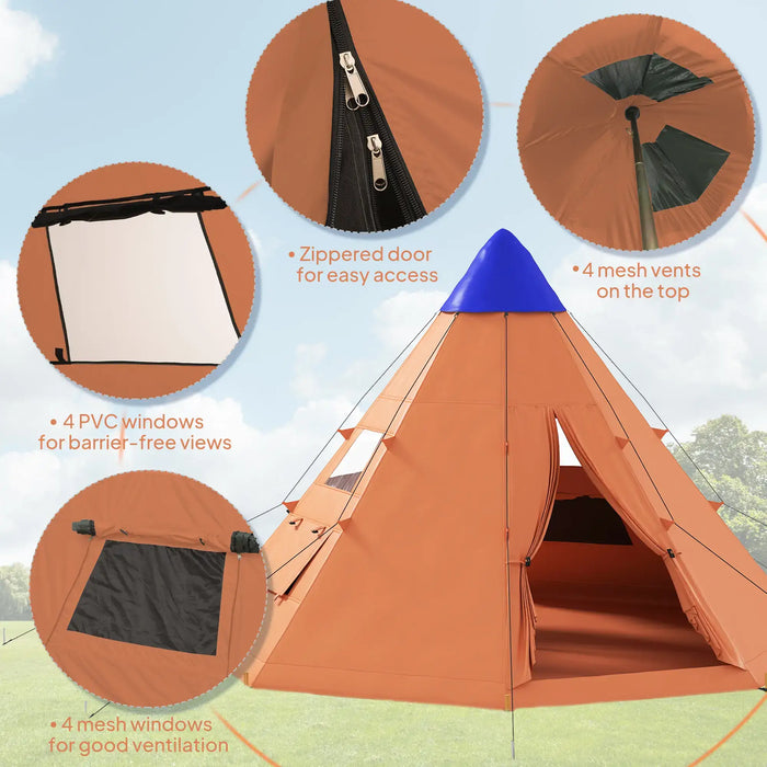 6 Men Tipi Tent with Carry Bag in Orange (6 persons) - Little and Giant Explorers Outsunny