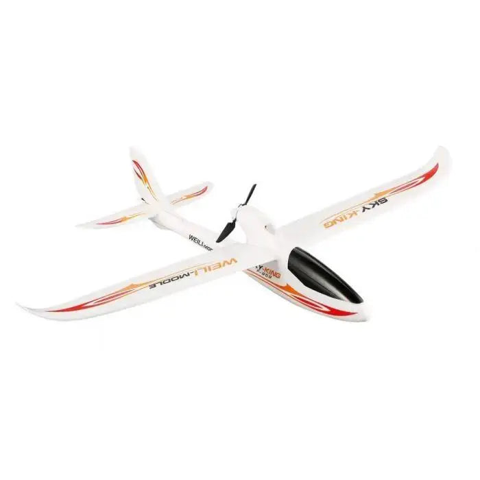 Sky King 750mm RC glider 3CH white model with red and yellow accents on white background