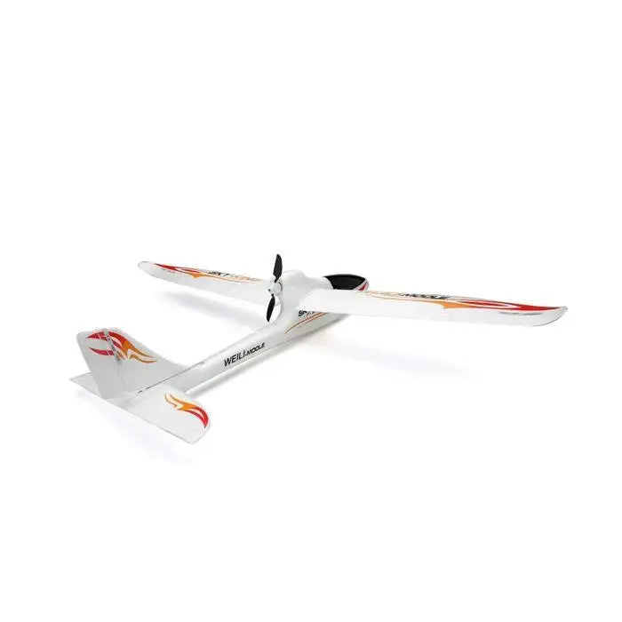 Sky King 750mm RC glider airplane with white body, red and yellow accents, on white background