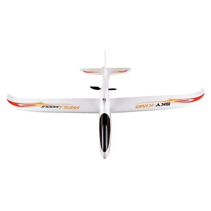 Sky King 750mm RC glider 3CH white foam airplane with red and yellow decals, top view