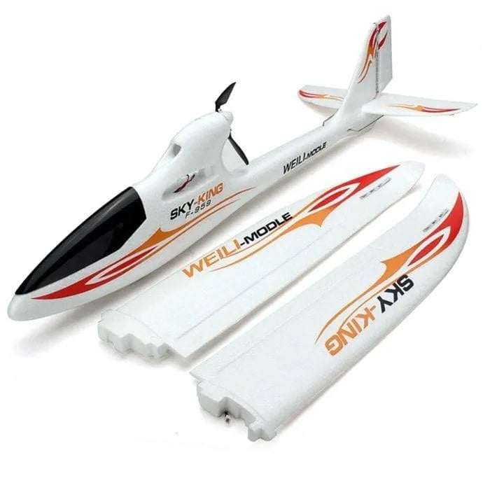 Sky King 750mm RC glider 3CH RTF white plane with red and orange decals, parts disassembled