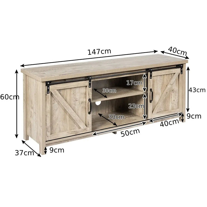 Light wood sliding barn door TV stand with black hardware, storage compartments, and dimensions shown