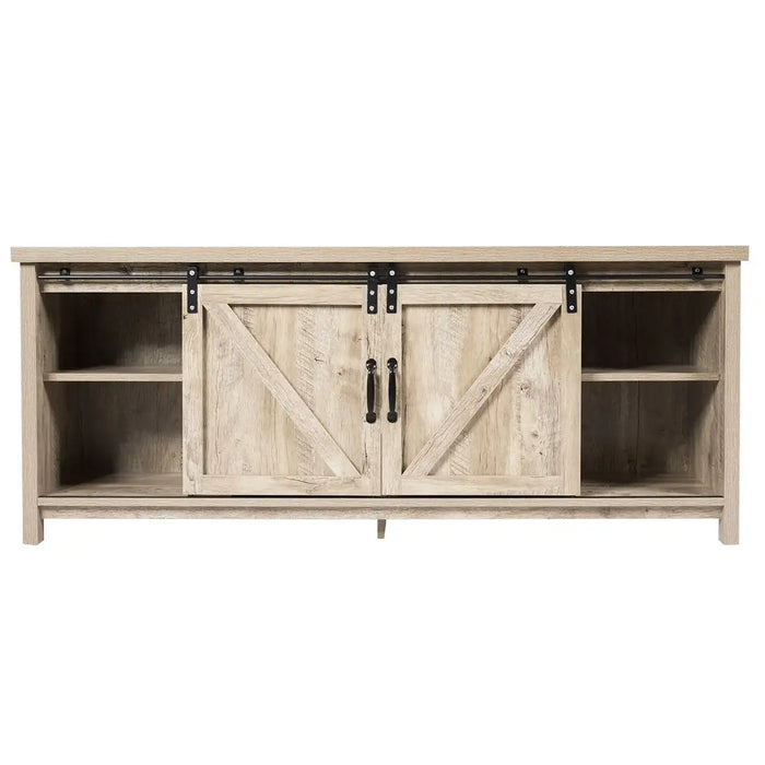Rustic sliding barn door TV stand with open shelves and storage, natural wood finish media console