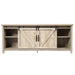 Rustic sliding barn door TV stand with open shelves and storage, natural wood finish media console