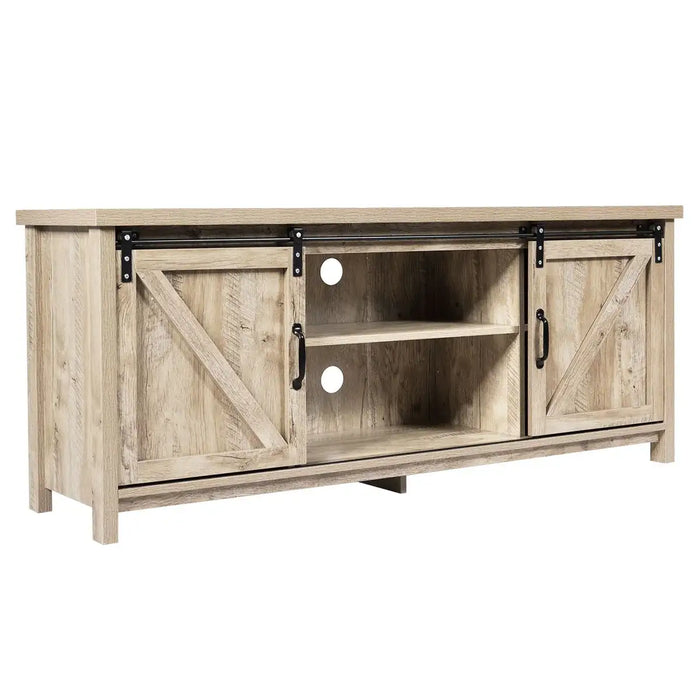 Sliding barn door TV stand in light wood with black hardware and open shelves for media storage