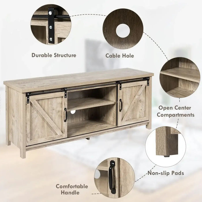 Sliding barn door TV stand with durable structure, cable hole, open shelves, comfortable handles, and non-slip pads