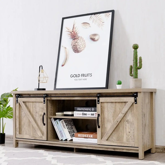Rustic farmhouse sliding barn door TV stand with open shelves, books, lamp, and cactus decor