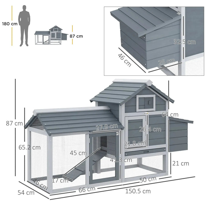 Small Chicken Coop with Run and Nesting Box in Grey (150.5 x 54 x 87cm) - Little and Giant Explorers PawHut