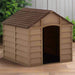 Small brown plastic dog house with open doorway for indoor and outdoor pet use