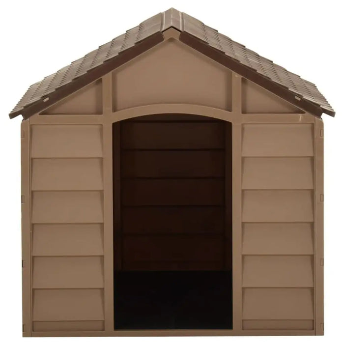 Small brown plastic dog house kennel for indoor and outdoor pet use